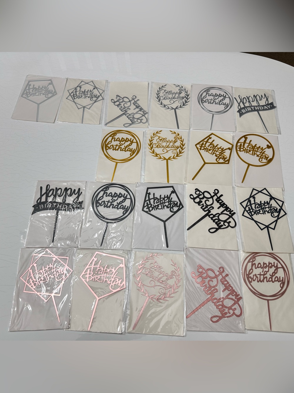 Happy Birthday Cake Toppers - Mixed Metallics (Gold, Rose Gold, Black, Silver)‎